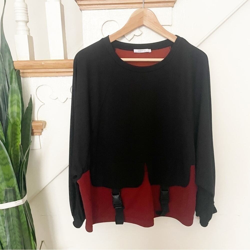 Zara Basic Black Red Color Block Long Sleeve Crew… - image 2